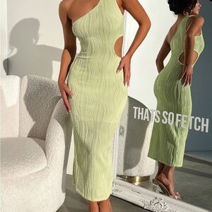 One-Shoulder Cutout Midi Dress in Light Lime